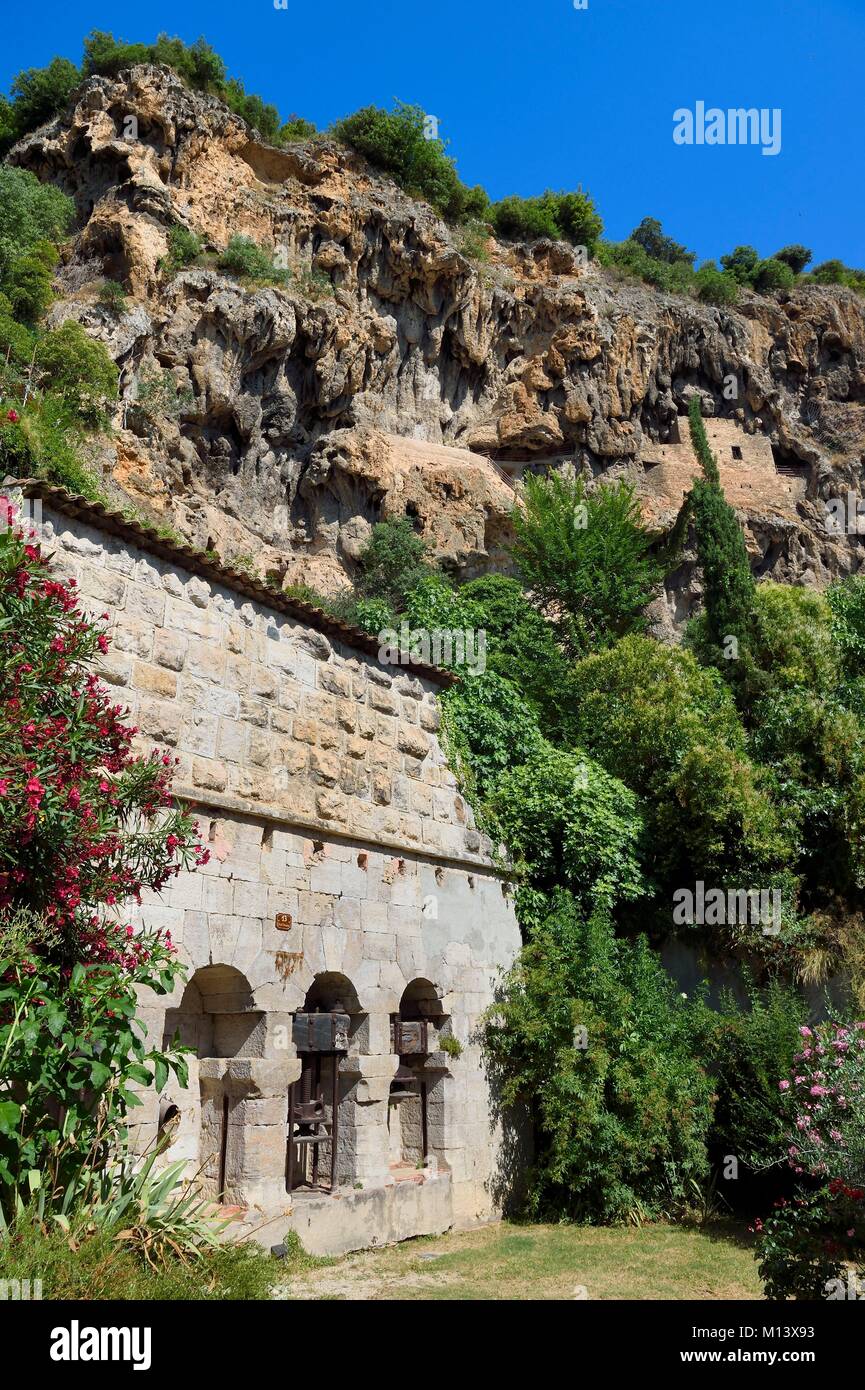 Francia, Var, Provence Verte, Cotignac, frantoio ai piedi della rupe di tufo di 80 metri di altezza e 400 metri di larghezza Foto Stock