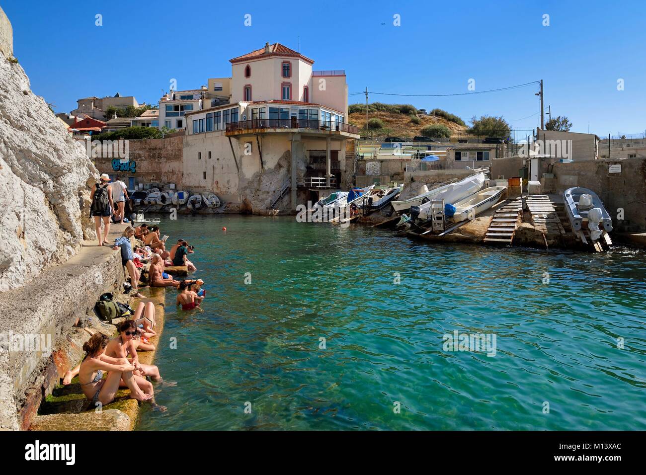 Francia, Bouches du Rhone, Marsiglia, Endoume distretto, Malmousque, piccolo porto di Anse de Malmousque Foto Stock