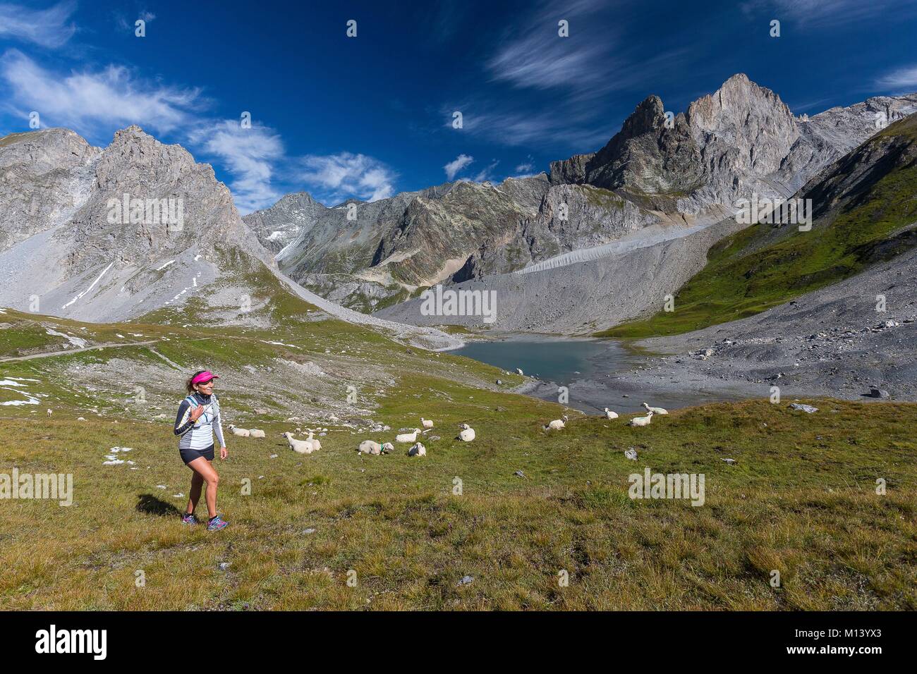 Francia, Savoia, Pralognan La Vanoise, GR55, Vanoise Pass Trail (sale e Beaufort Route), lungo il lago e la Grande casse (3855 m), Escursionismo Donna Foto Stock