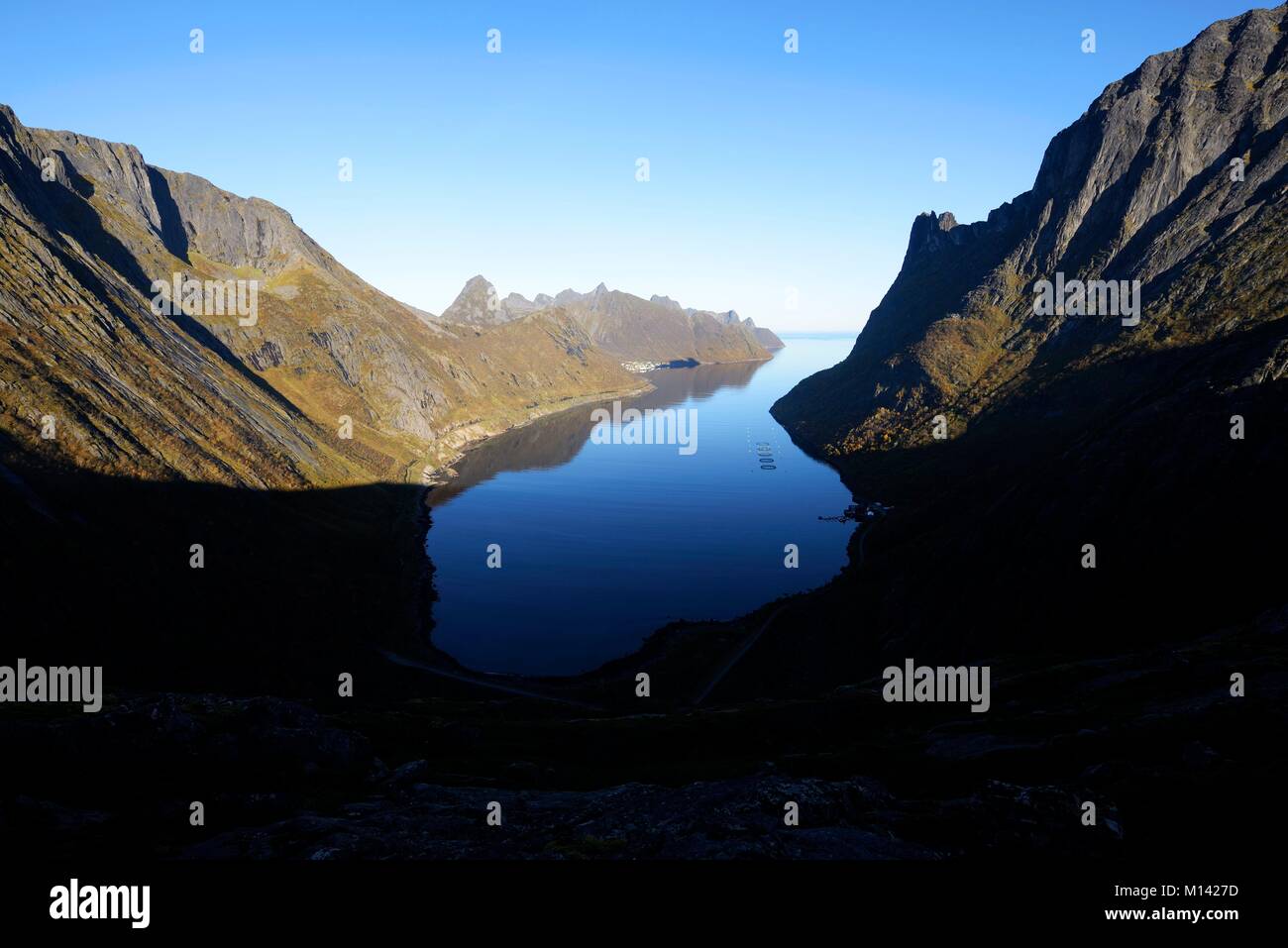 Norvegia, Troms County, a nord del Circolo Polare Artico, Senja isola tra Tromso e le isole Lofoten, trekking al vertice di Grytetippen (885m), vista sul villaggio Fjordgard ed il fiordo Foto Stock