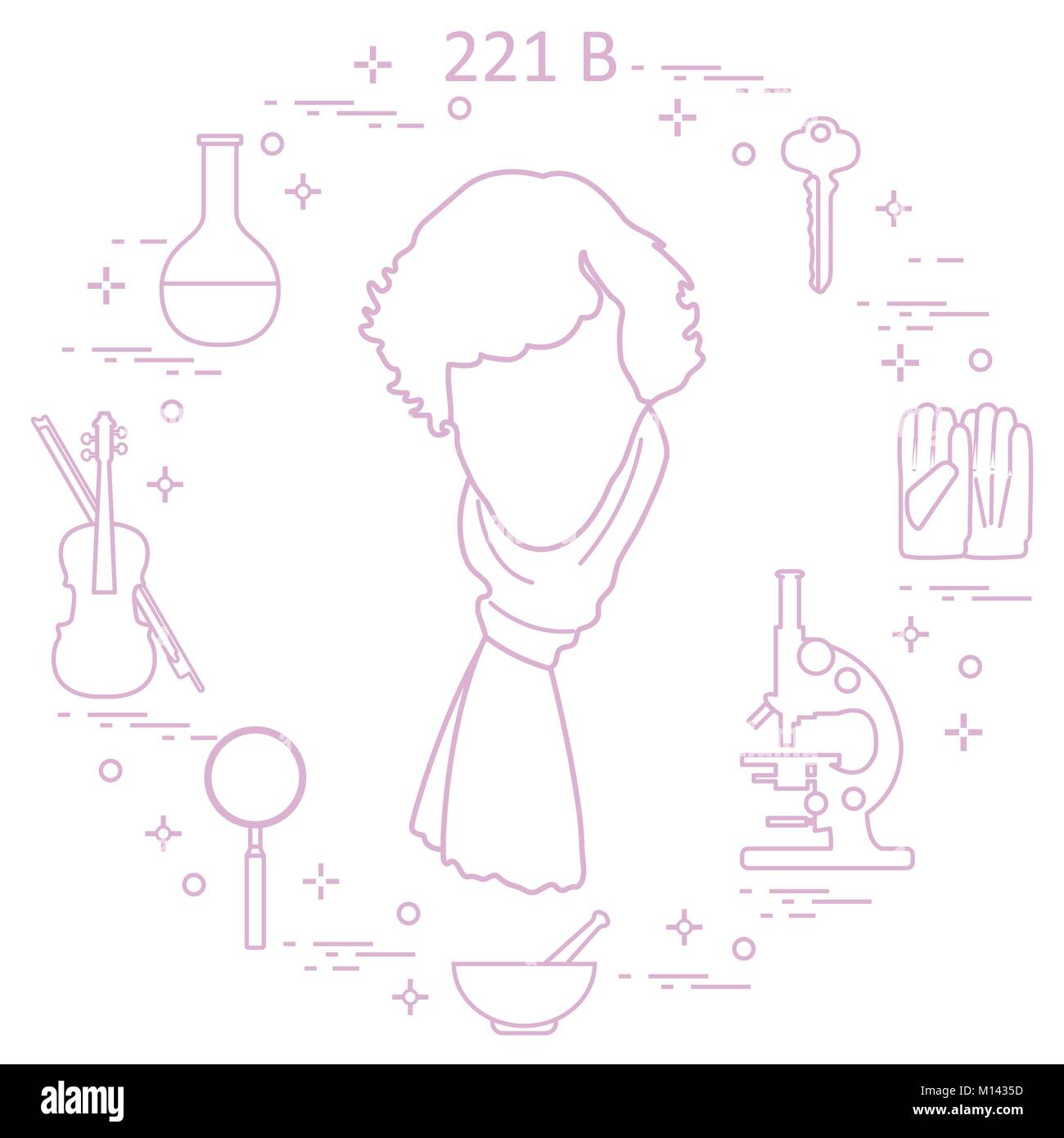 Detective privato Sherlock Holmes con una varietà di strumenti e apparecchiature. L'eroe della popolare serie TV. Design per un annuncio stampa. Illustrazione Vettoriale