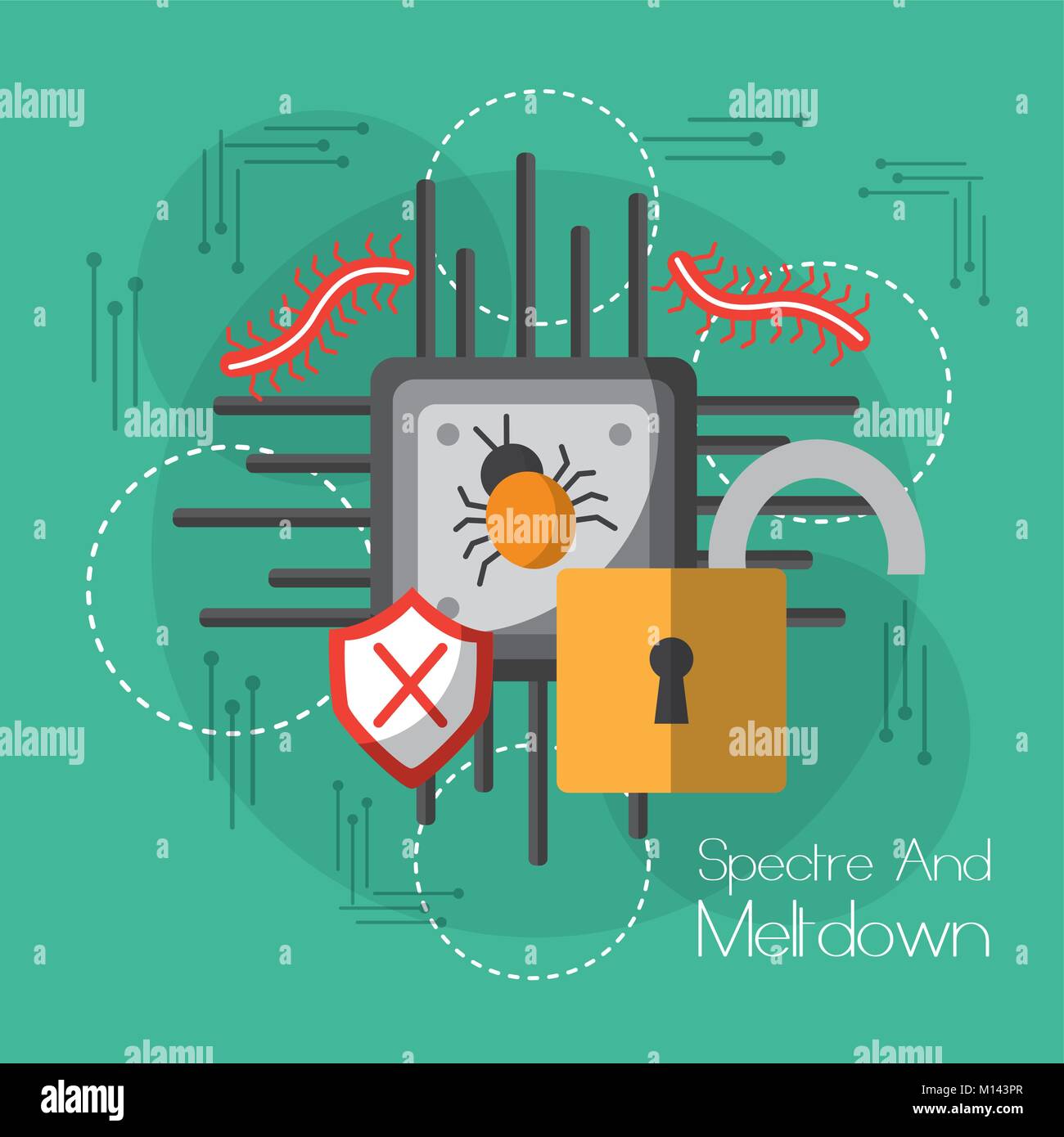 Spettro e meltdown scheda madre protezione tecnologia secure virus Illustrazione Vettoriale