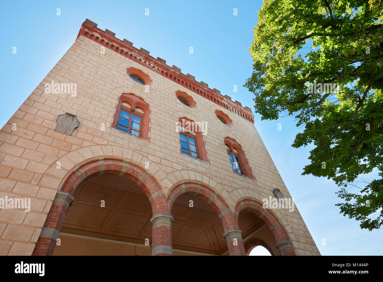 Il Barolo castello medievale facciata e albero verde in una soleggiata giornata estiva, cielo blu in Barolo, Italia Foto Stock