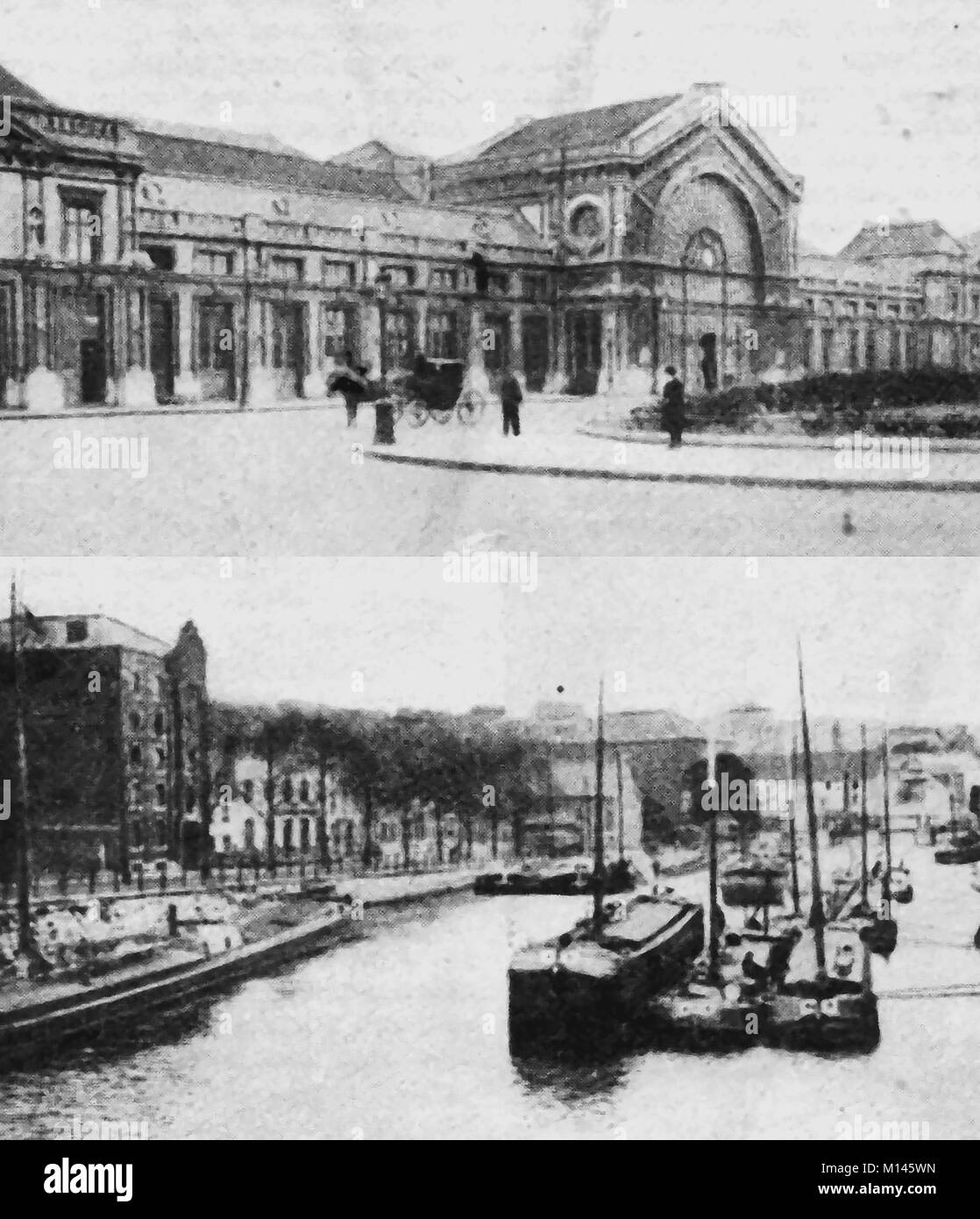 Una vecchia fotografia stampata che mostra la stazione ferroviaria e la granella quay a Charleroi (Tchålerwè in lingua vallone) , Belgium Foto Stock