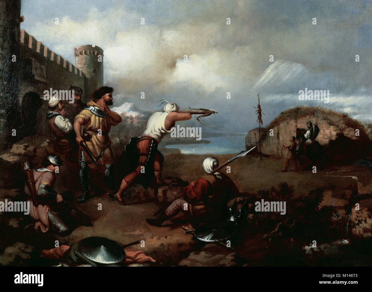Lo spagnolo eclettismo. Mariano Fortuny (1838-1874). Pittore catalano. Il Almogavars I, 1855. Formazione dei guerrieri almogavars con loro delle balestre al cancello del castello. Una lancia da cui una volpe si blocca serve come un barilotto. Accanto a un gentiluomo con un servo, eventualmente Roger de Flor. Olio su tela. Foto Stock