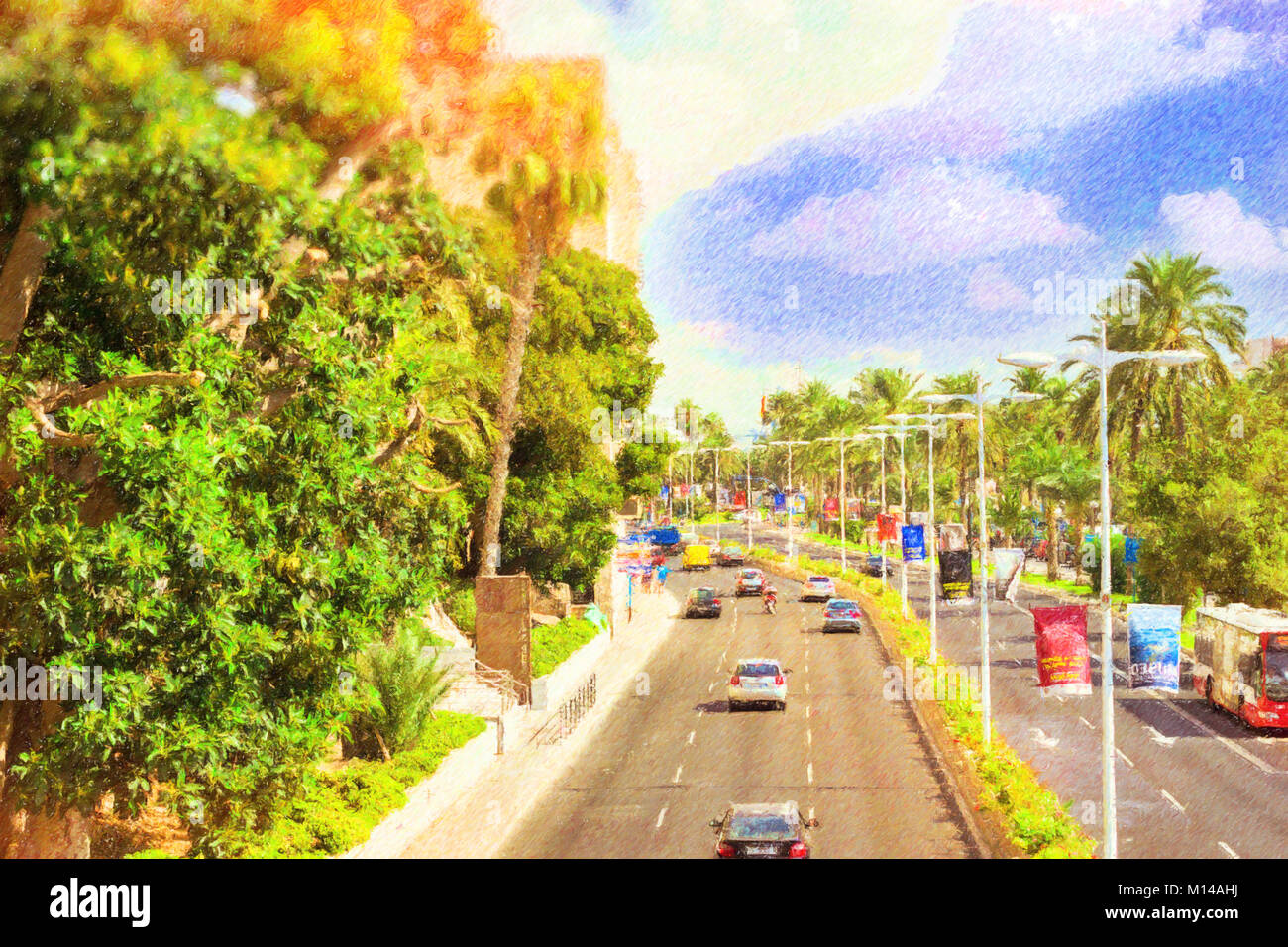 Spagna Alicante. Attiva traffico veicolare sulla trafficata autostrada. Vista delle maggiori autostrade Carrer de Jovellanos dal ponte. Foto Illustrazione stilizzata Foto Stock