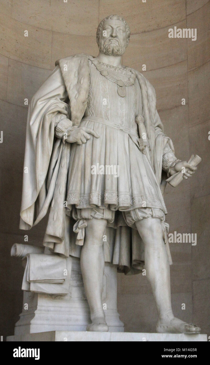 La scultura in marmo statua di Francois I Re di Francia (1494-1547) Auguste-Alexandre Dumont nella pietra Gallery-Galerie de Pierre, il Palazzo di Versailles, Foto Stock