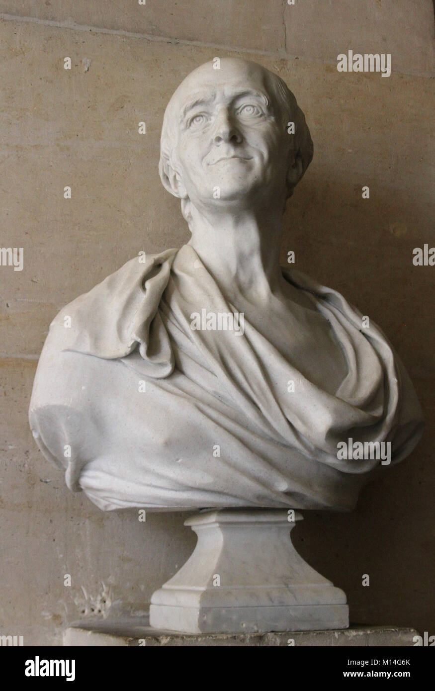 Busto in marmo di Francois-Marie Arouet Voltaire, 1694-1778, da Louis-Philippe Mouchy nella pietra Gallery-Galerie de Pierre, il Palazzo di Versailles, Ile-De-F Foto Stock