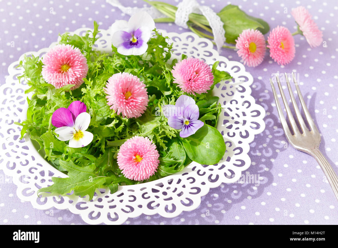 Piastra bianca con una insalata verde mista le foglie di lattuga e commestibile daisy e pansy fiori, insieme con una forcella di vintage su un nostalgico backgroun lilla Foto Stock
