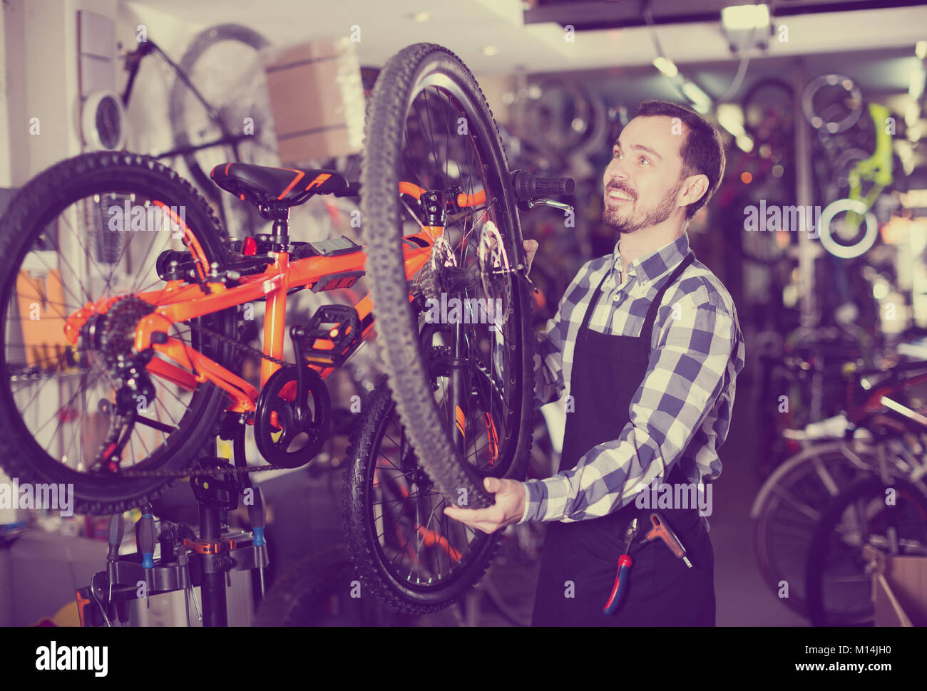 Sorridente uomo lavoratore imposta la ruota sulla bici in un negozio di articoli sportivi Foto Stock