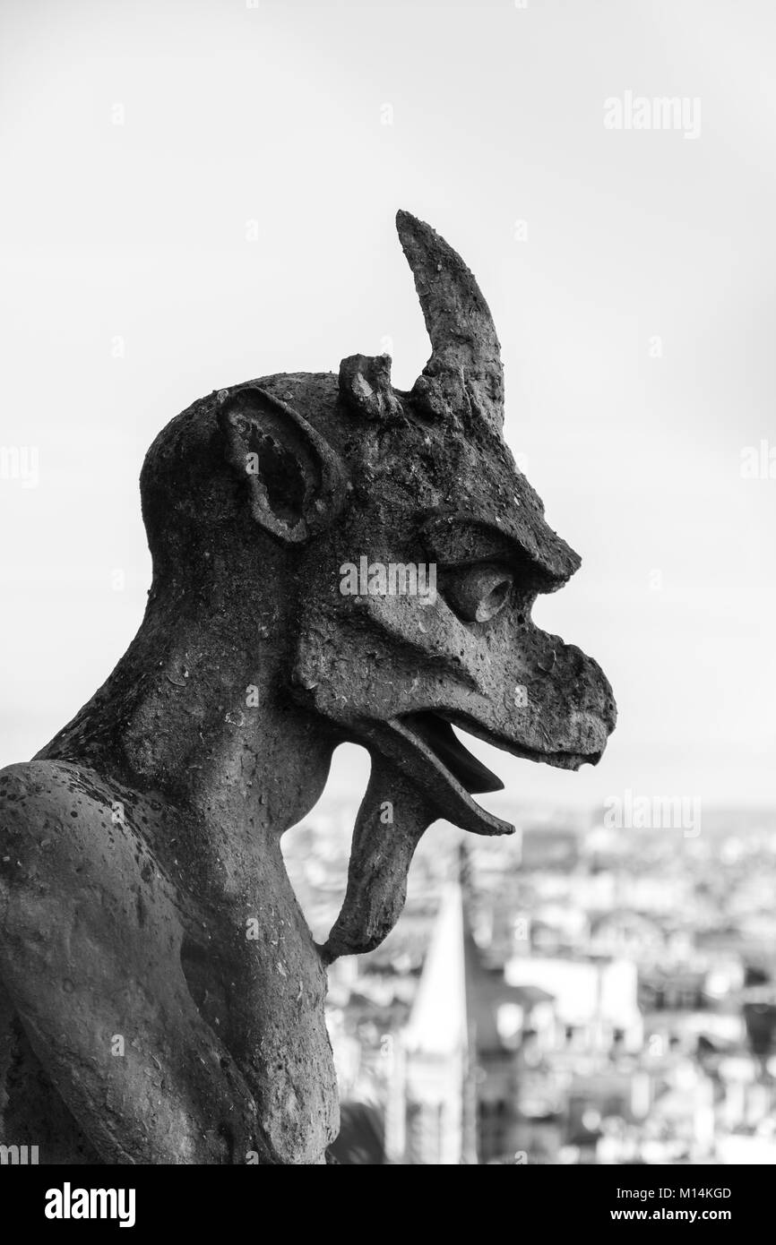 Parigi, Francia: visualizzazione bianco e nero di un famoso gargoyle statue sulle pareti della cattedrale di Notre Dame a Parigi Foto Stock