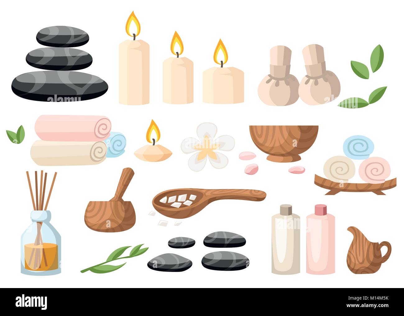 Colorfull spa utensili e accessori di basalto nero pietre Massaggio erbe mortaio arrotolato asciugamano gel olio e candele illustrazione vettoriale su bianco e lo sfondo blu Illustrazione Vettoriale