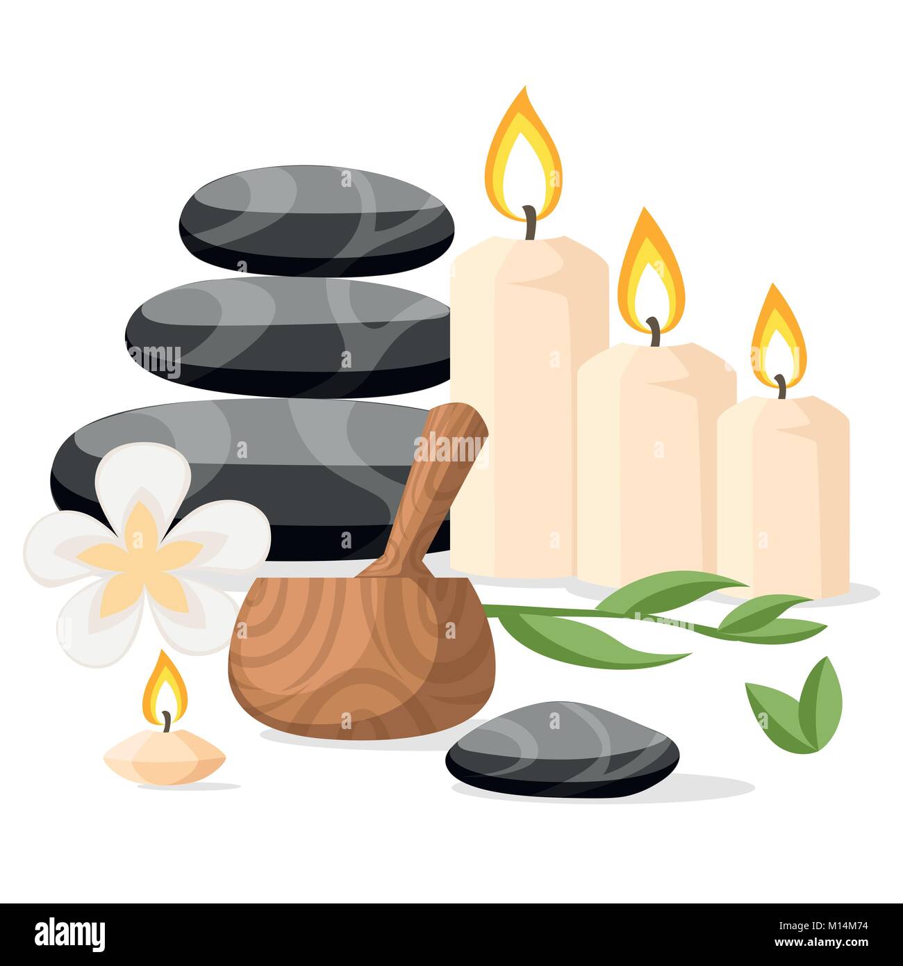 Colorfull spa utensili e accessori di basalto nero pietre Massaggio mortaio di erbe e candele illustrazione vettoriale isolati su sfondo bianco pagina sito web e mobile app design Illustrazione Vettoriale