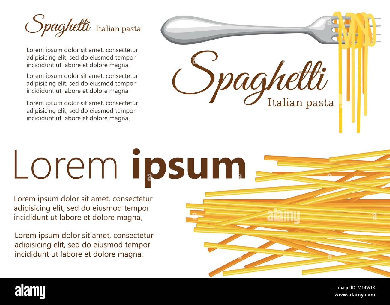Spaghetti sulla forcella e pasta cruda illustrazione vettoriale su sfondo bianco con posto per il vostro testo nella pagina del sito web e mobile app design. Illustrazione Vettoriale