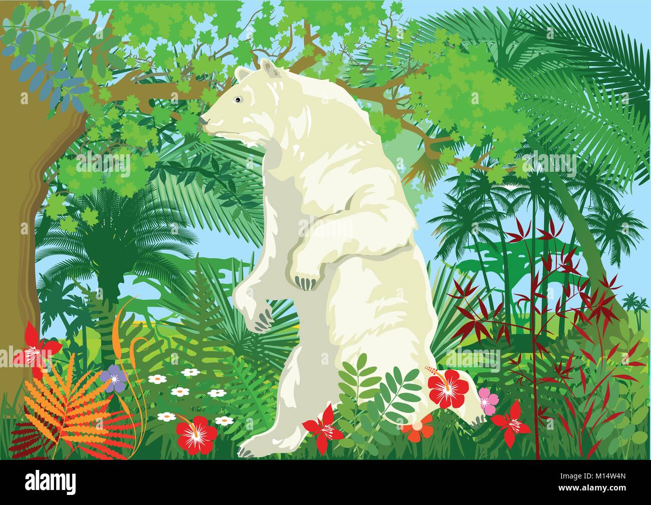 Il riscaldamento globale con orso polare nella giungla, illustrazione Illustrazione Vettoriale