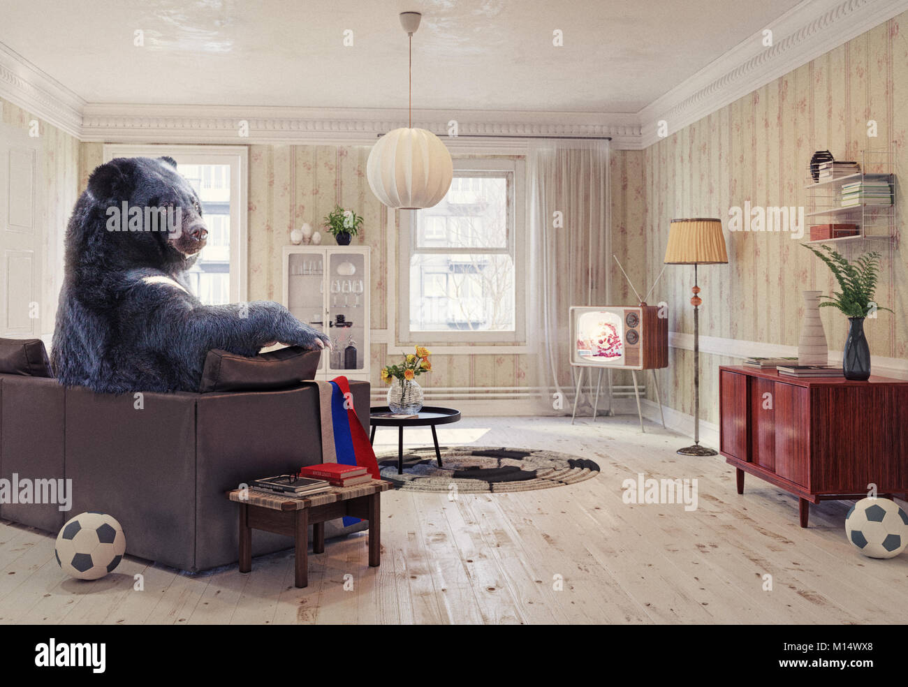 L'orso russo rilassante nella stanza sul divano a guardare il calcio in tv. Illustrazione creativa. 2018 FIFA World Cup cocept, foto e elementi CG Foto Stock