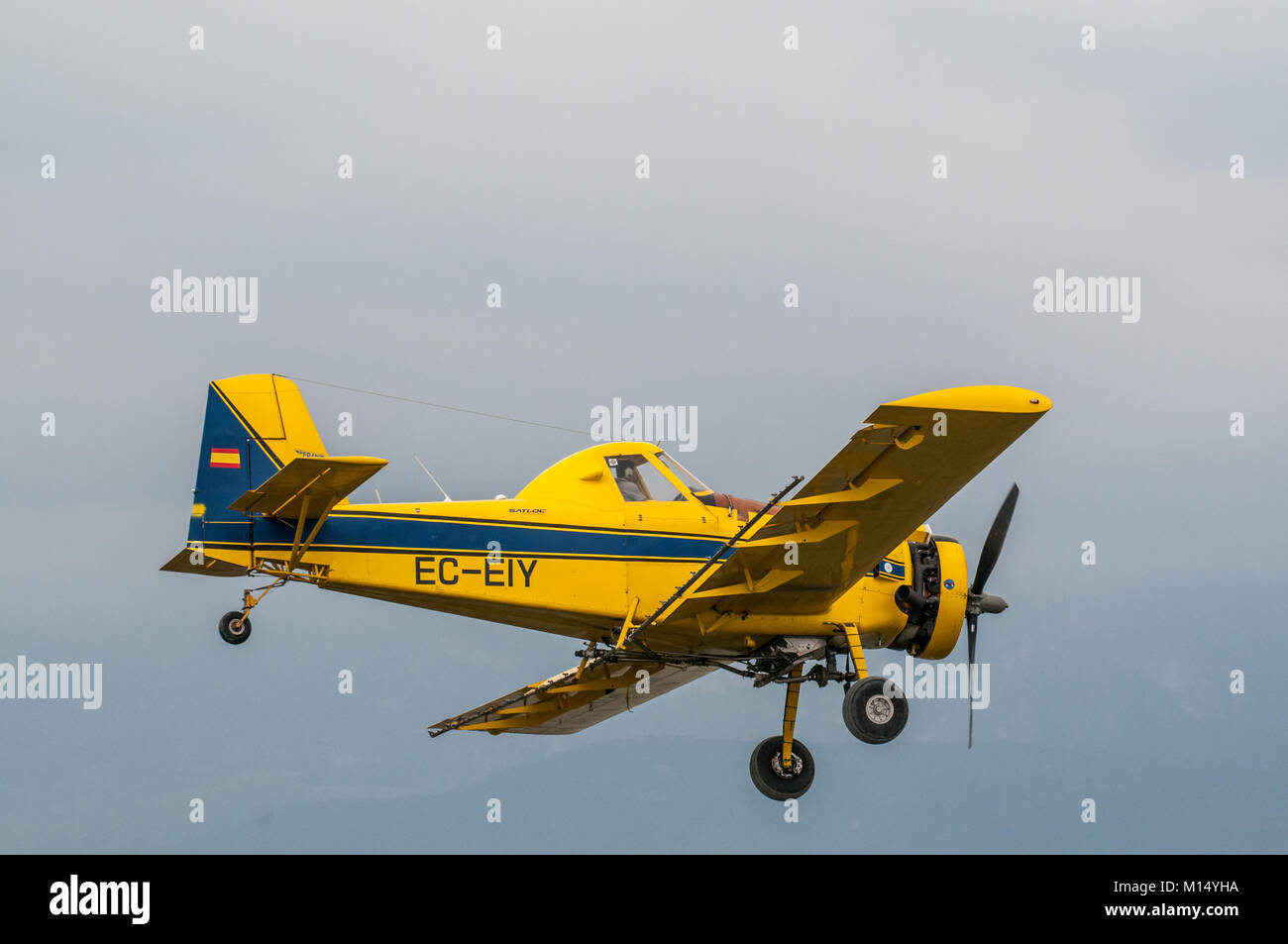 Piano giallo (aria trattore A-501) usato per fumigare, per la piaga della lumaca di Apple (pomacea insularum), il delta del fiume Ebro, Tarragona Catalogna Foto Stock