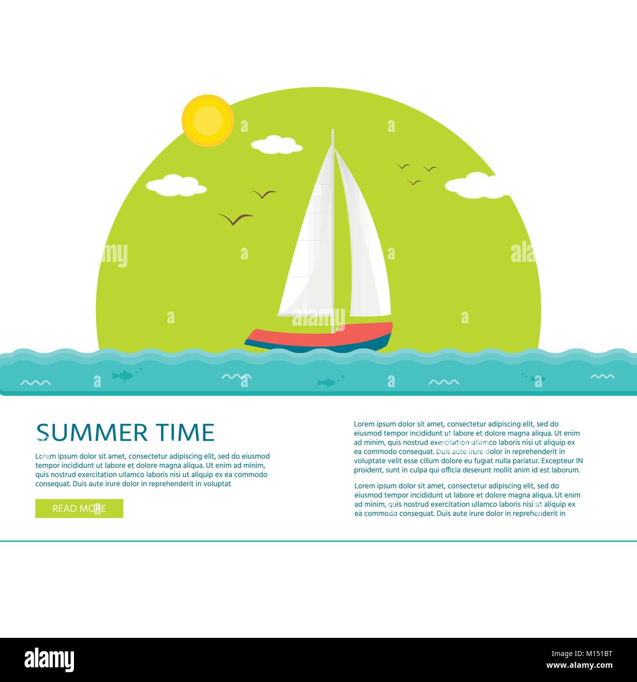 Veicoli nautici: barca vela, nave, nave, yacht di lusso, speedboat con testo estate. Vettore icona piana, concept per il sito web. Illustrazione Vettoriale