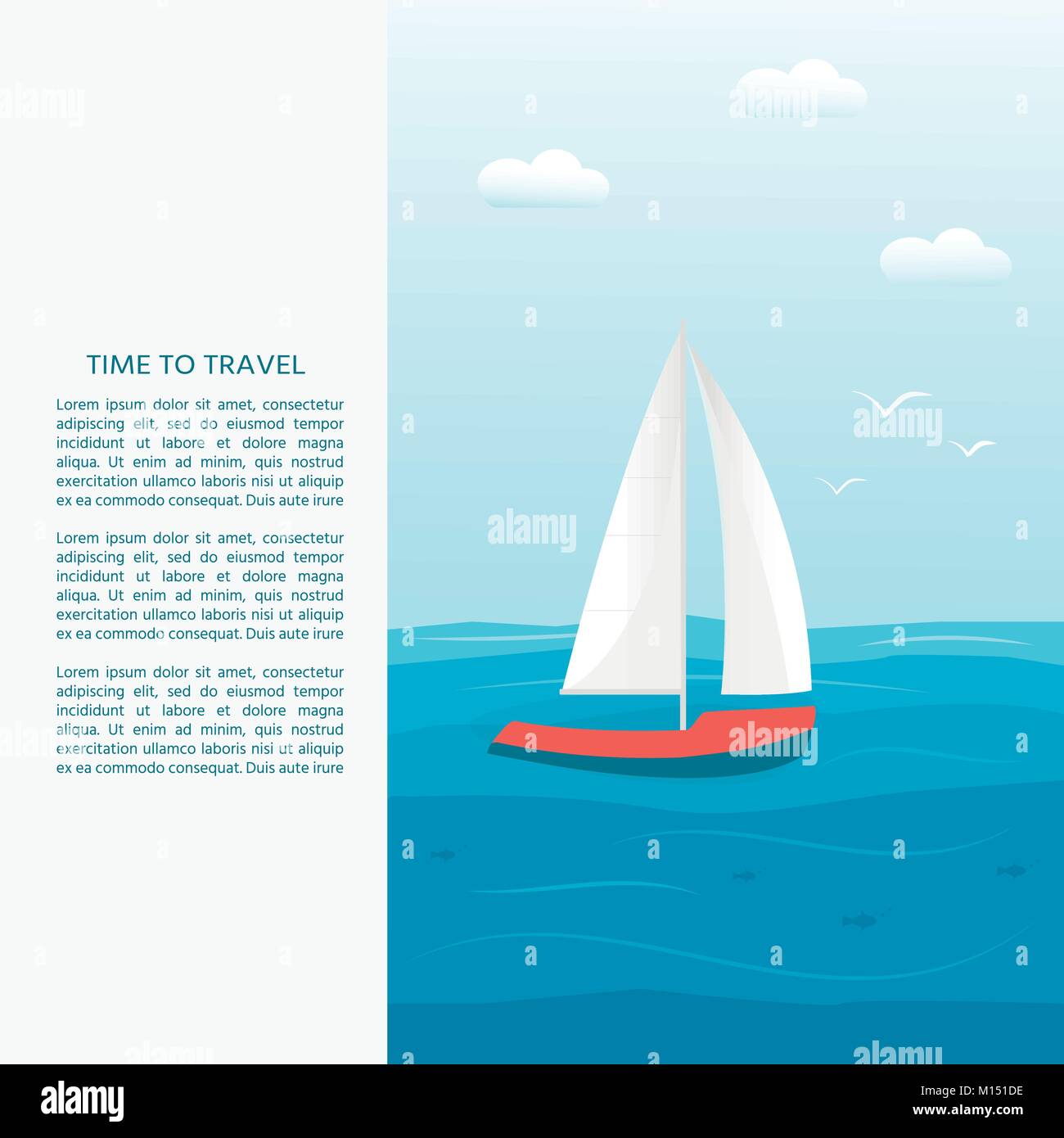 Veicoli nautici: barca vela, nave, nave, yacht di lusso, speedboat con testo il tempo di viaggio . Vettore icona piana, concept per il sito web. Illustrazione Vettoriale