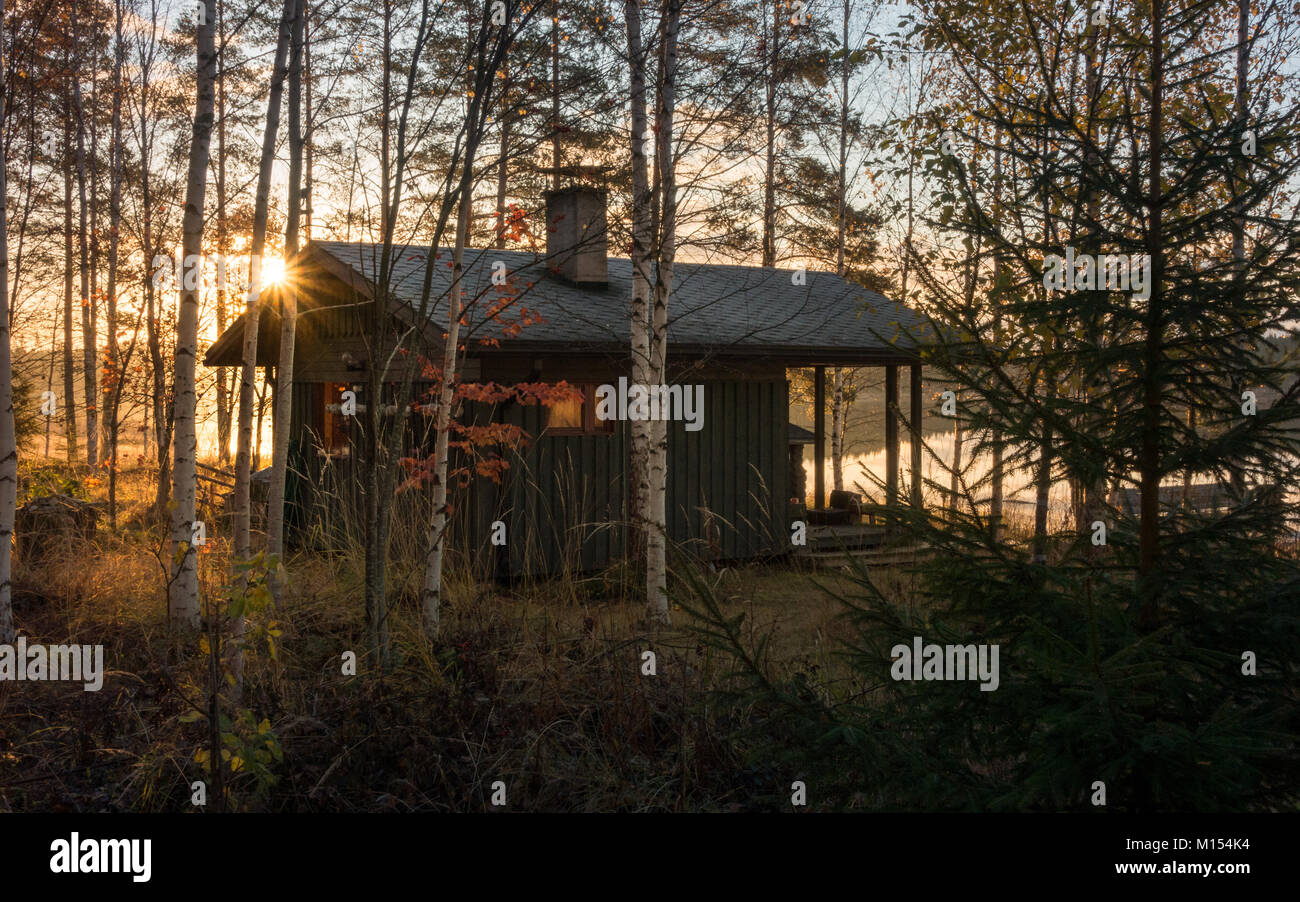 Paesaggio finlandese: tradizionale lakeside log cabin sauna nascosta in un luogo appartato sul bordo dell'autunno/inverno attraverso gli alberi nel sole, Finlandia Foto Stock