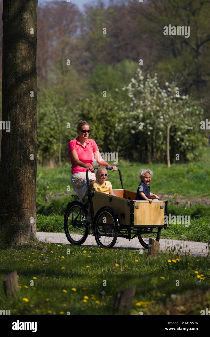 I Paesi Bassi, 's-Graveland. Madre e 2 bambini in atto in bicicletta. Foto Stock