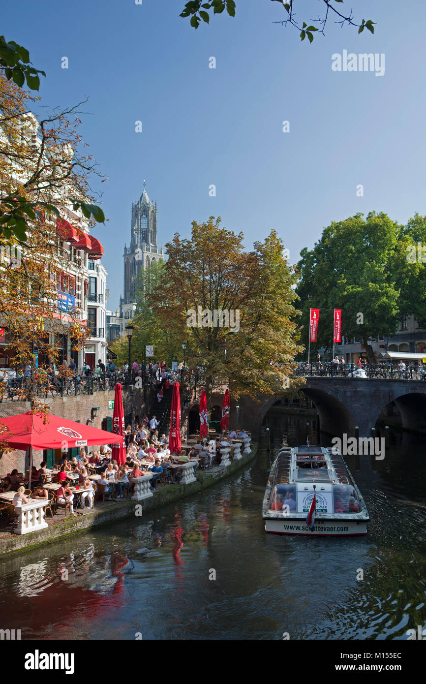 I Paesi Bassi Utrecht, caffè all'aperto al canale chiamato Oude Gracht. Sullo sfondo la torre del Duomo, la torre campanaria più alta nei Paesi Bassi. Sightseein Foto Stock