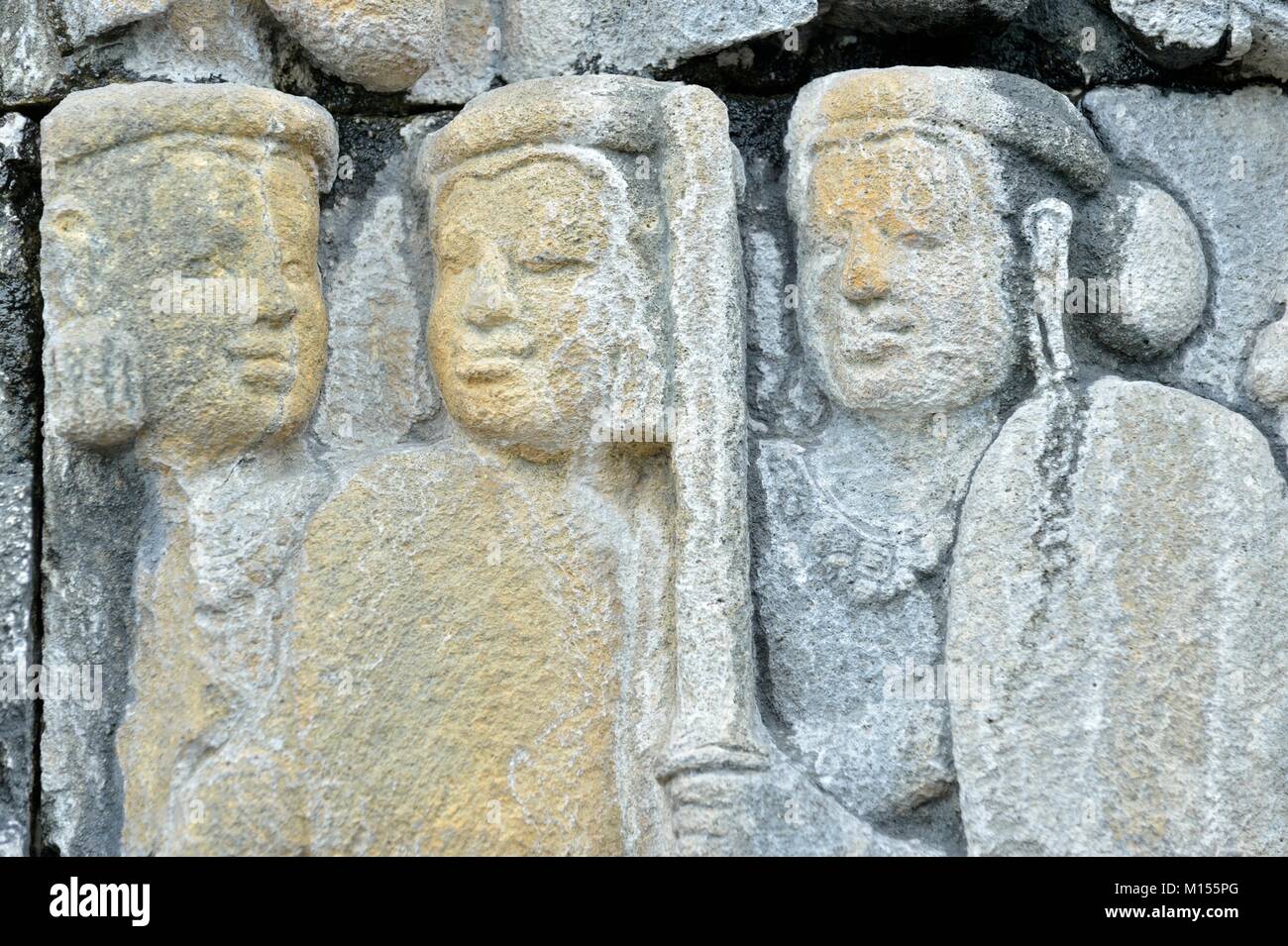 Dettaglio del buddista rilievo scolpite nel tempio di Borobudur in Yogyakarta, Java, Indonesia.. Foto Stock