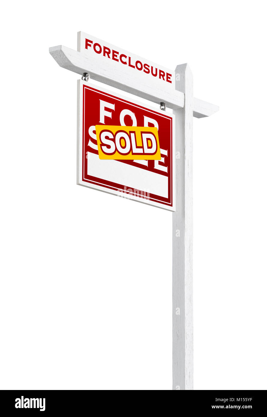 A sinistra verso la preclusione venduto per la vendita immobiliare di segno isolato su bianco. Foto Stock