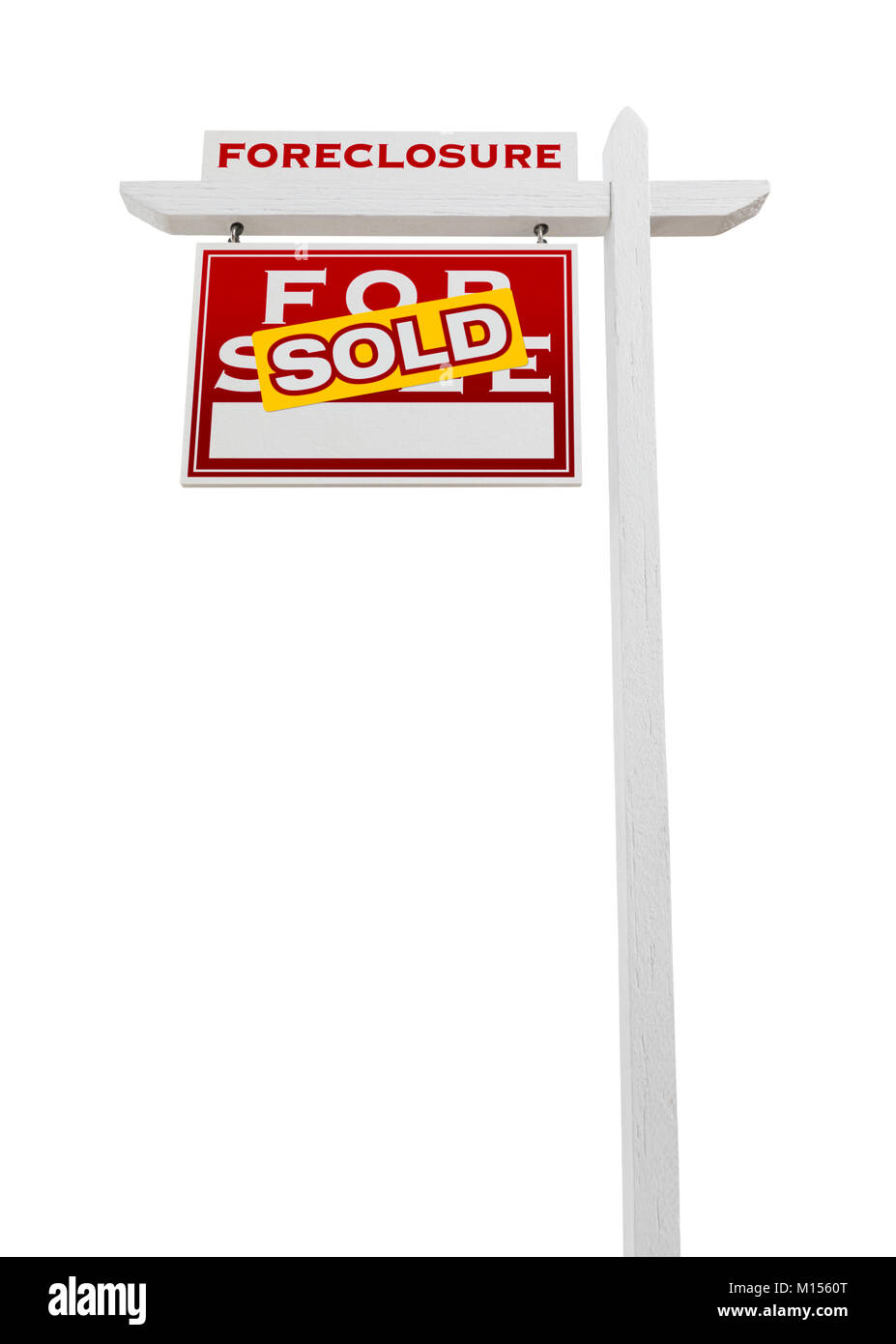 A sinistra verso la preclusione venduto per la vendita immobiliare di segno isolato su bianco. Foto Stock