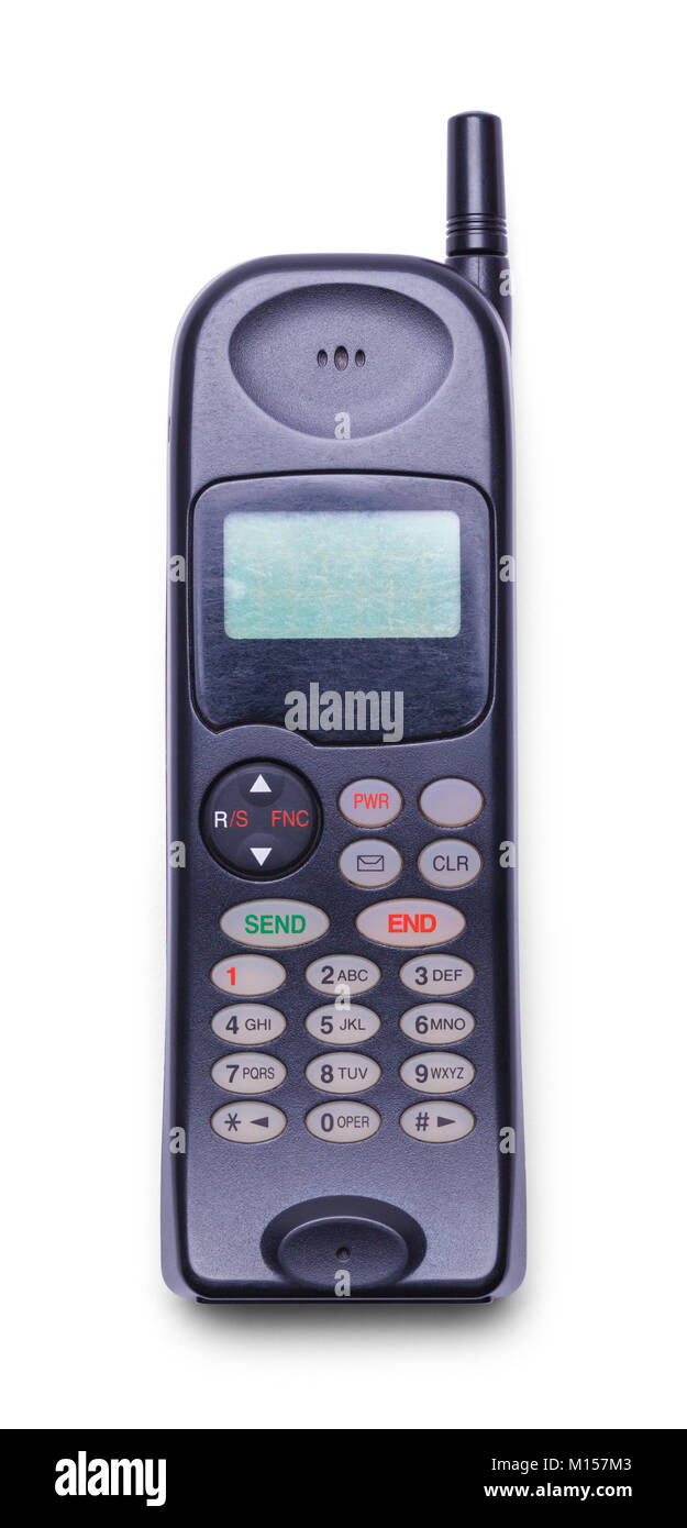 Vintage vecchio telefono cellulare vista frontale isolato su uno sfondo bianco. Foto Stock