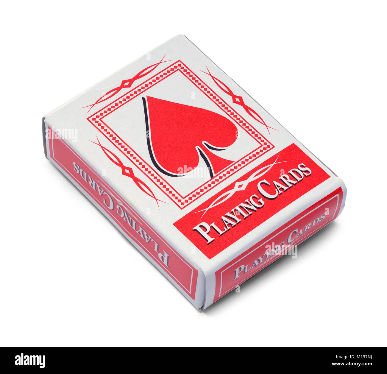 Mazzo di carte da gioco in scatola isolata su bianco. Foto Stock