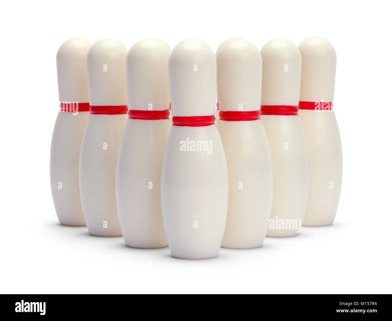 Set di bowling piccolo pin vista frontale isolato su uno sfondo bianco. Foto Stock