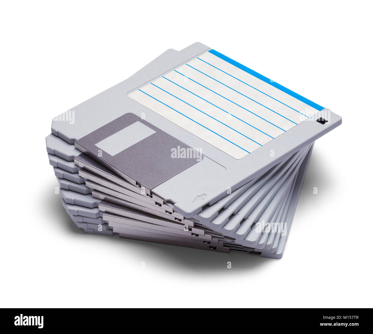 Pila di 3.5 dischetti per computer isolati su uno sfondo bianco. Foto Stock