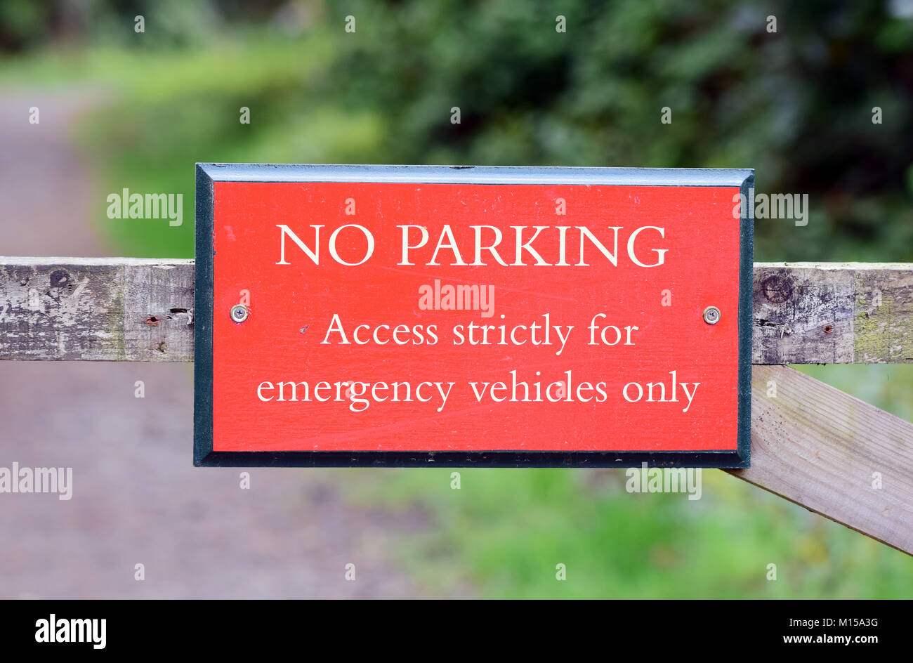 Nessun parcheggio, accesso strettamente per veicoli di emergenza solo segno in rosso Foto Stock