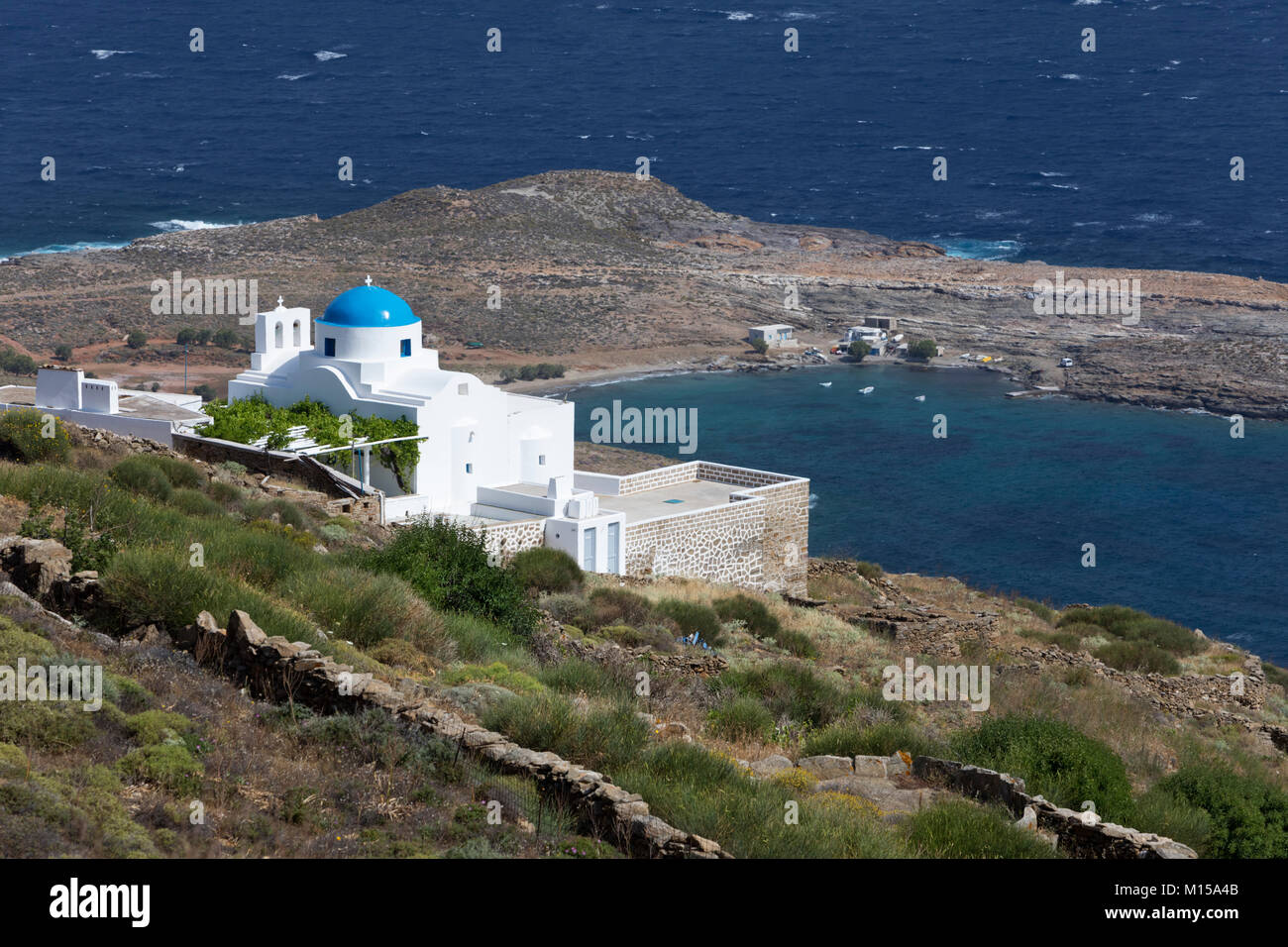 Panagia Skopiani chiesa sul nord est dell isola, Platis Gialos, Serifos, Cicladi, il Mare Egeo e le isole greche, Grecia, Europa Foto Stock