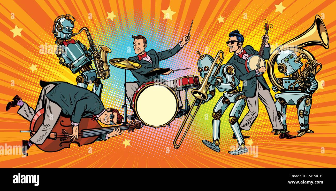 Jazz rock n roll band di uomo e robot Illustrazione Vettoriale