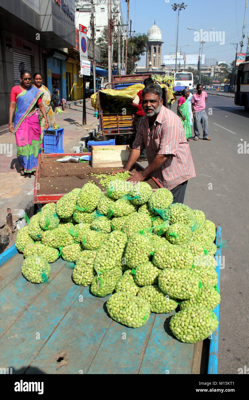 Vista verticale del uomo indiani vendono frutta verde Foto Stock