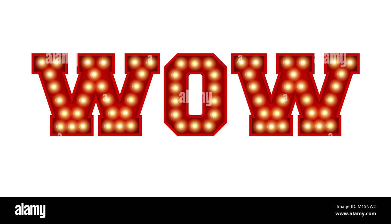 Wow parola fatta dal rosso vintage lampadina lettering isolate su un bianco. Il rendering 3D Foto Stock