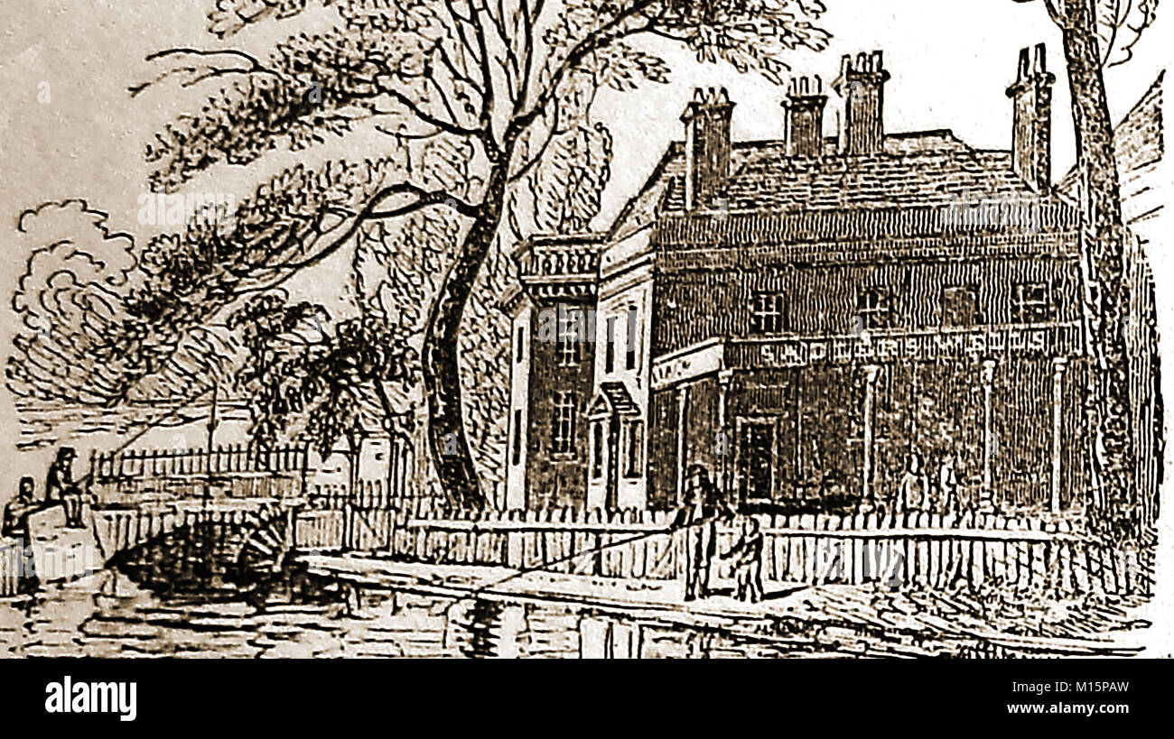 Prima vista del New River, Londra e 'Sir Hugh Myddleton testa dell' public house, percorso, tea gardens & chiglia massa (1825 immagine) Foto Stock