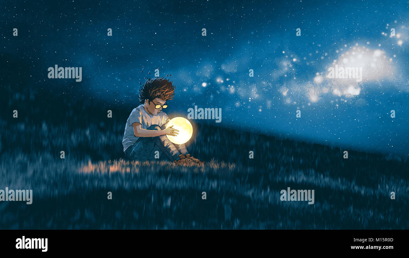 Notte Scena raffigurante giovane ragazzo con un po' di luna nelle sue mani seduto sul prato, arte digitale stile, illustrazione pittura Foto Stock