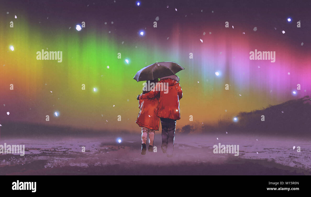 Matura in rosso cappotto sotto un ombrello passeggiate sulla neve guardando a Nord di luce nel cielo, arte digitale stile, illustrazione pittura Foto Stock
