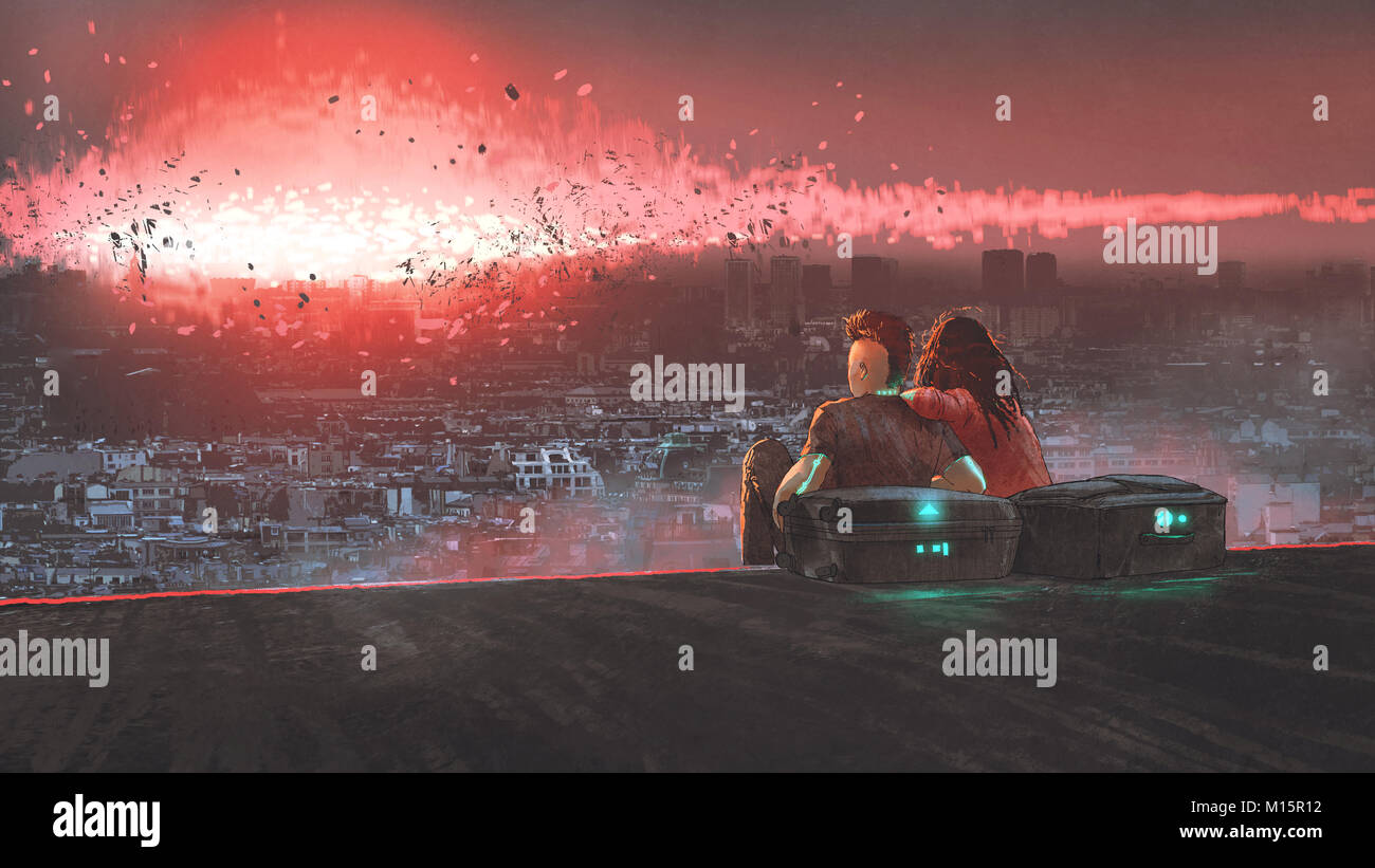 Fine del concetto di mondo che mostra una coppia giovane guardando esplosione nucleare distruggendo la città, arte digitale stile, illustrazione pittura Foto Stock