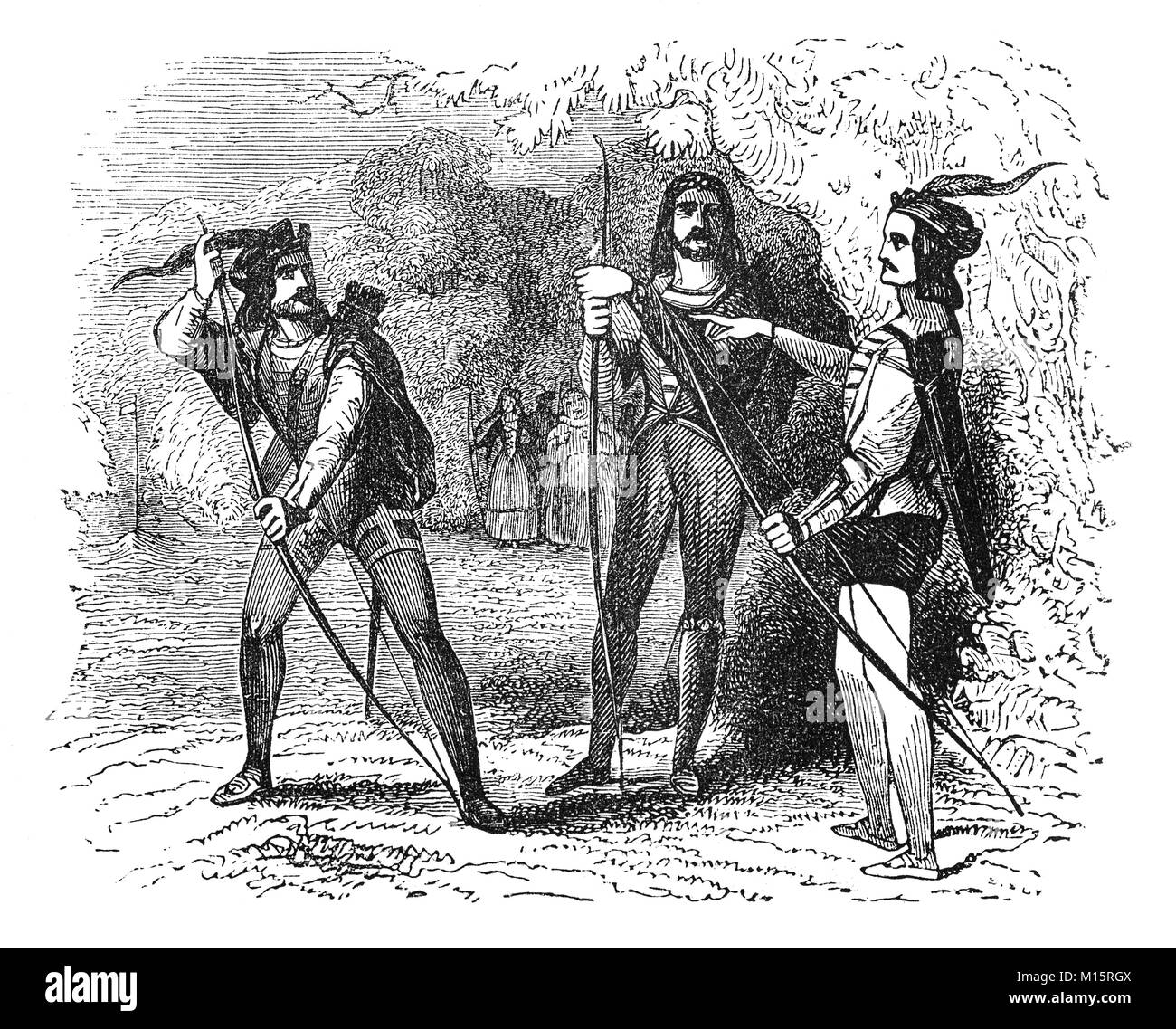 Il leggendario Robin Hood, piccolo Giovanni e scarlatto, xiv secolo brigante fuorilegge con loro longbows nella Foresta di Sherwood, Nottinghamshire, Inghilterra. Foto Stock Il leggendario Robin Hood, piccolo Giovanni e scarlatto, xiv secolo brigante fuorilegge con loro longbows nella Foresta di Sherwood, Nottinghamshire, Inghilterra. Foto Stock