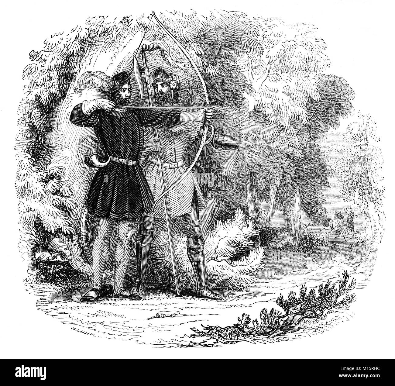 Robin Hood e il piccolo Giovanni a caccia del Re cervi nel XIV secolo la Foresta di Sherwood, nel Nottinghamshire, Inghilterra. Foto Stock Robin Hood e il piccolo Giovanni a caccia del Re cervi nel XIV secolo la Foresta di Sherwood, nel Nottinghamshire, Inghilterra. Foto Stock