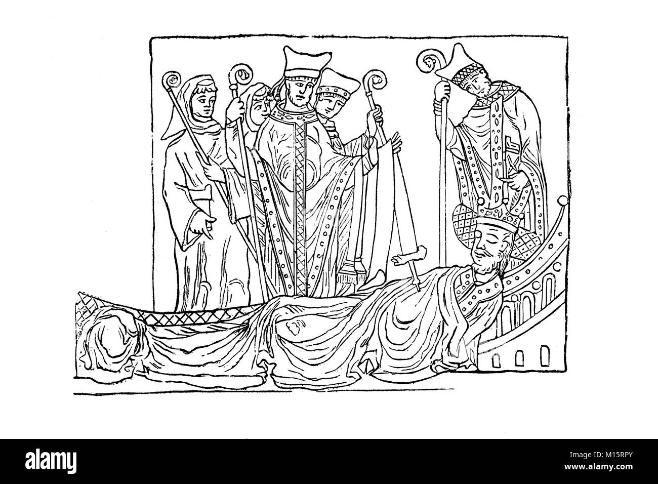 Il XIV secolo il clero a Glastonbury sperimentare una visione del Re Enrico I, Somerset, Inghilterra Foto Stock