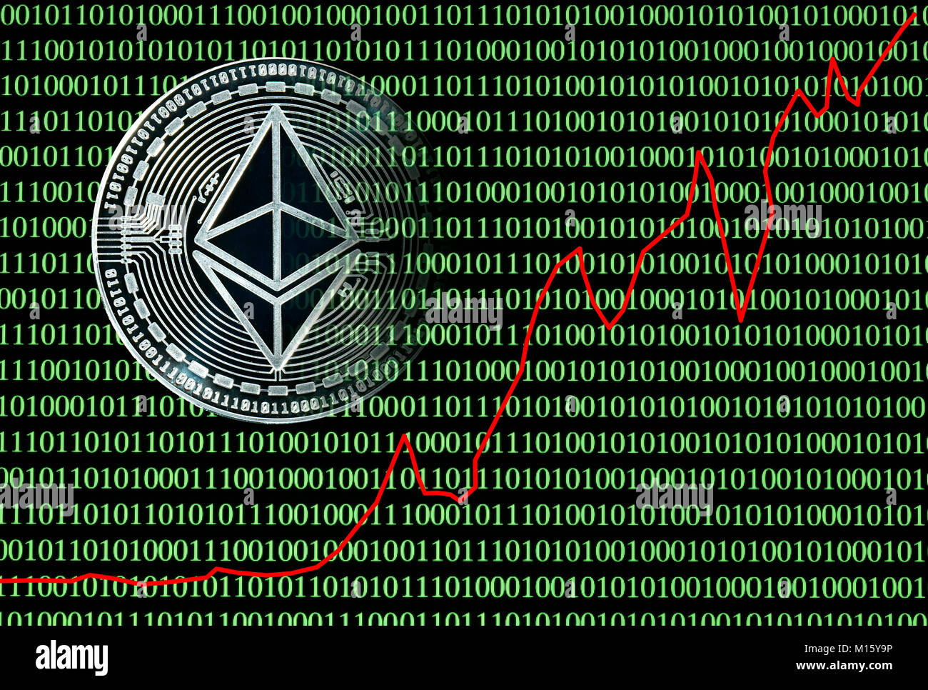 Immagine simbolo Cryptocurrency,valuta digitale,moneta d'argento Ethereum nella parte anteriore del digitale codice binario con prezzo di stock Foto Stock