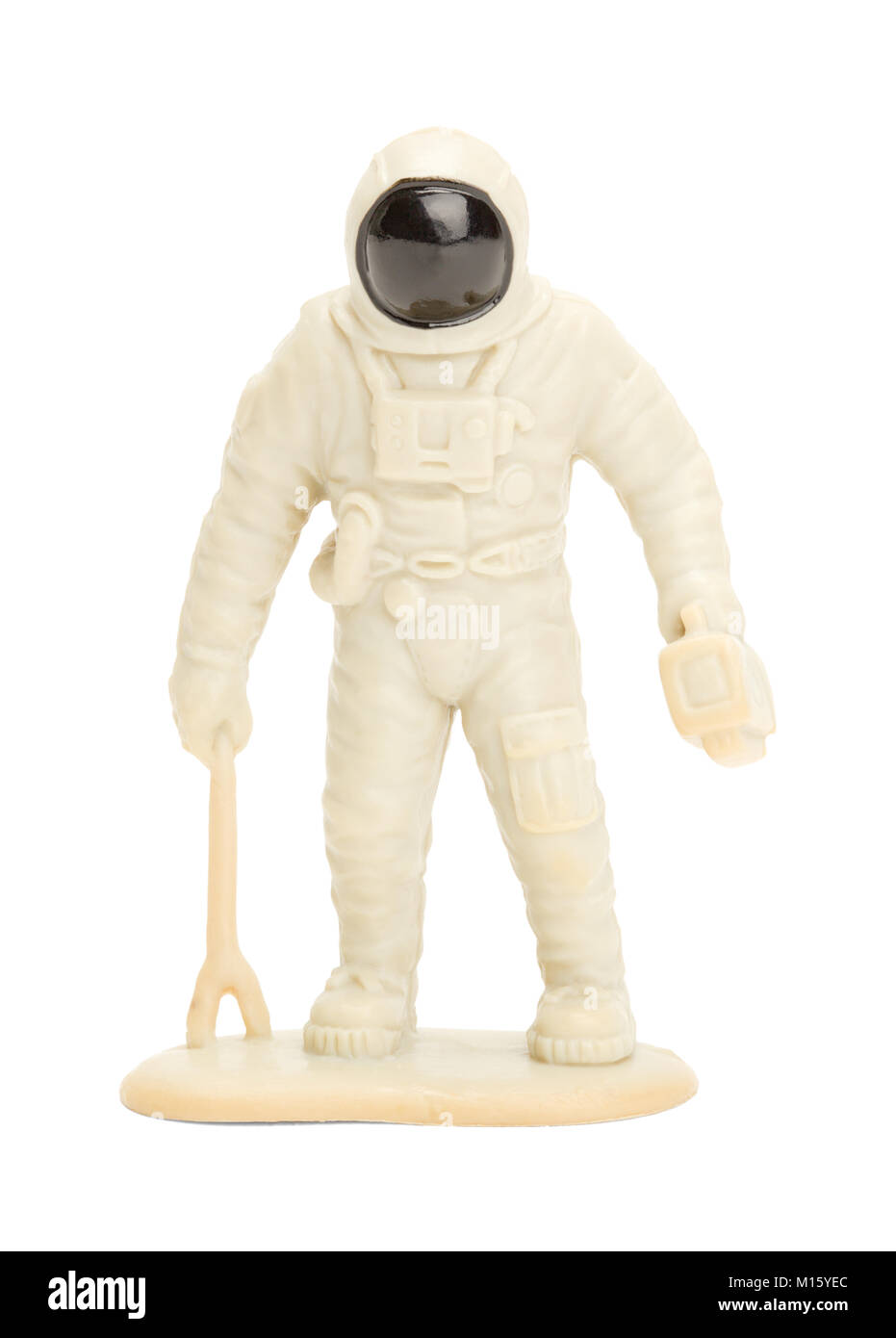 Giocattolo di plastica astronauta isolato su uno sfondo bianco. Foto Stock