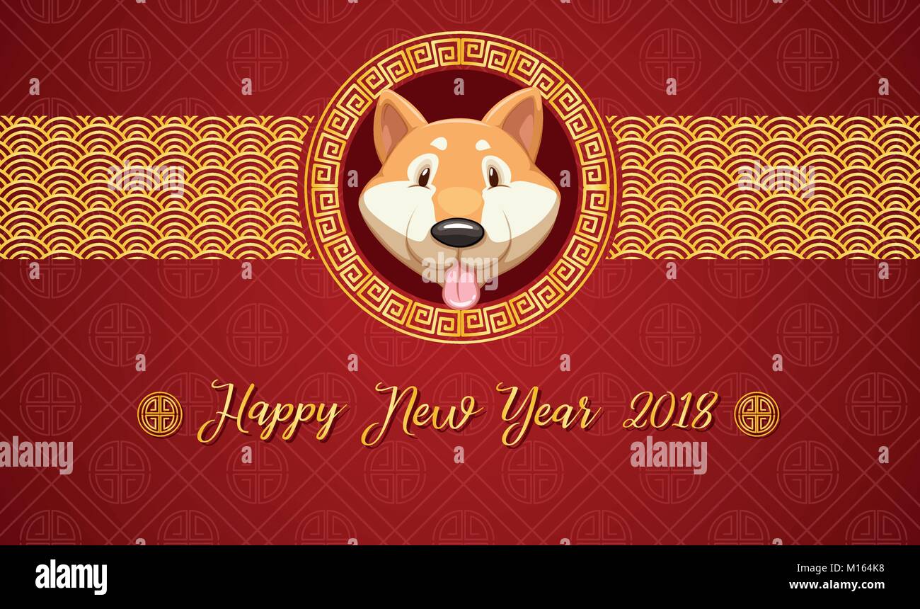 Felice anno nuovo modello di scheda con il cane su sfondo rosso illustrazione Illustrazione Vettoriale