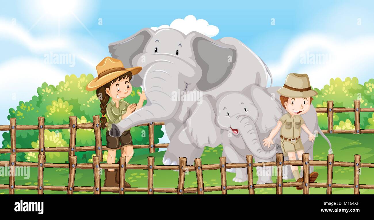 Due elefanti e i bambini allo zoo illustrazione Illustrazione Vettoriale