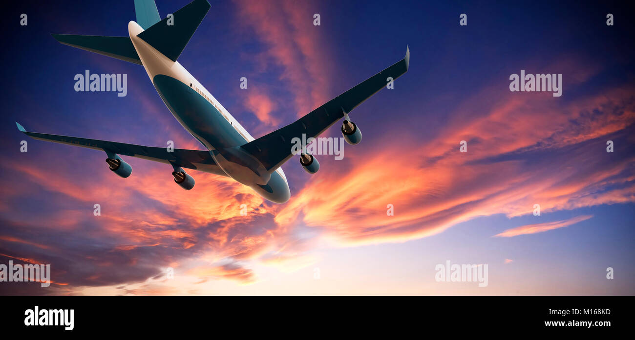 Volo aereo in un NUVOLOSO TRAMONTO: 3D illustrazione Foto Stock